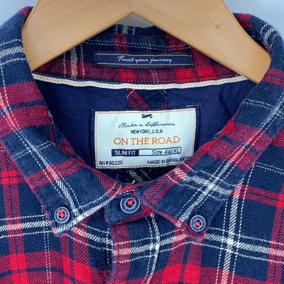 Mens On The Road Flannel Button Shirt  XL Slim Fit Plaid Red 3917 Cotton - Picture 2 of 6